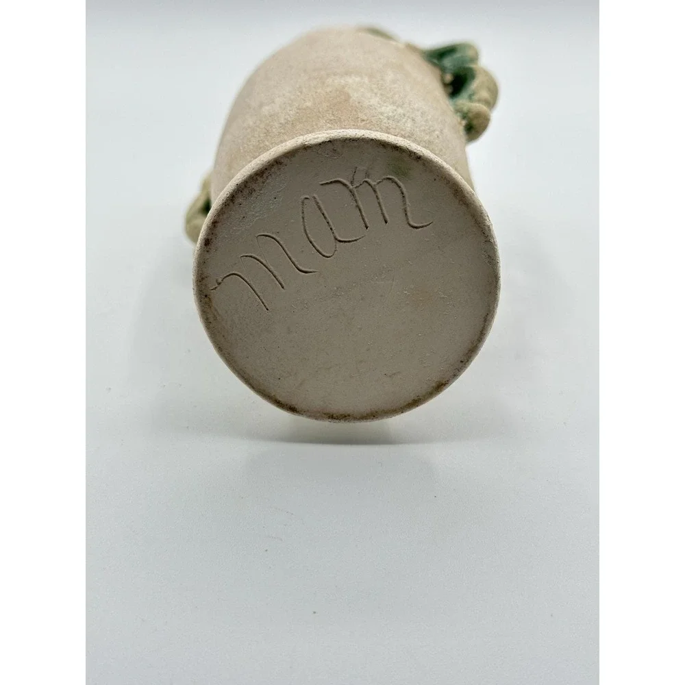 Vintage MAM Hand Signed Cherub Sand Textured Pottery Vase Cream Green 6in